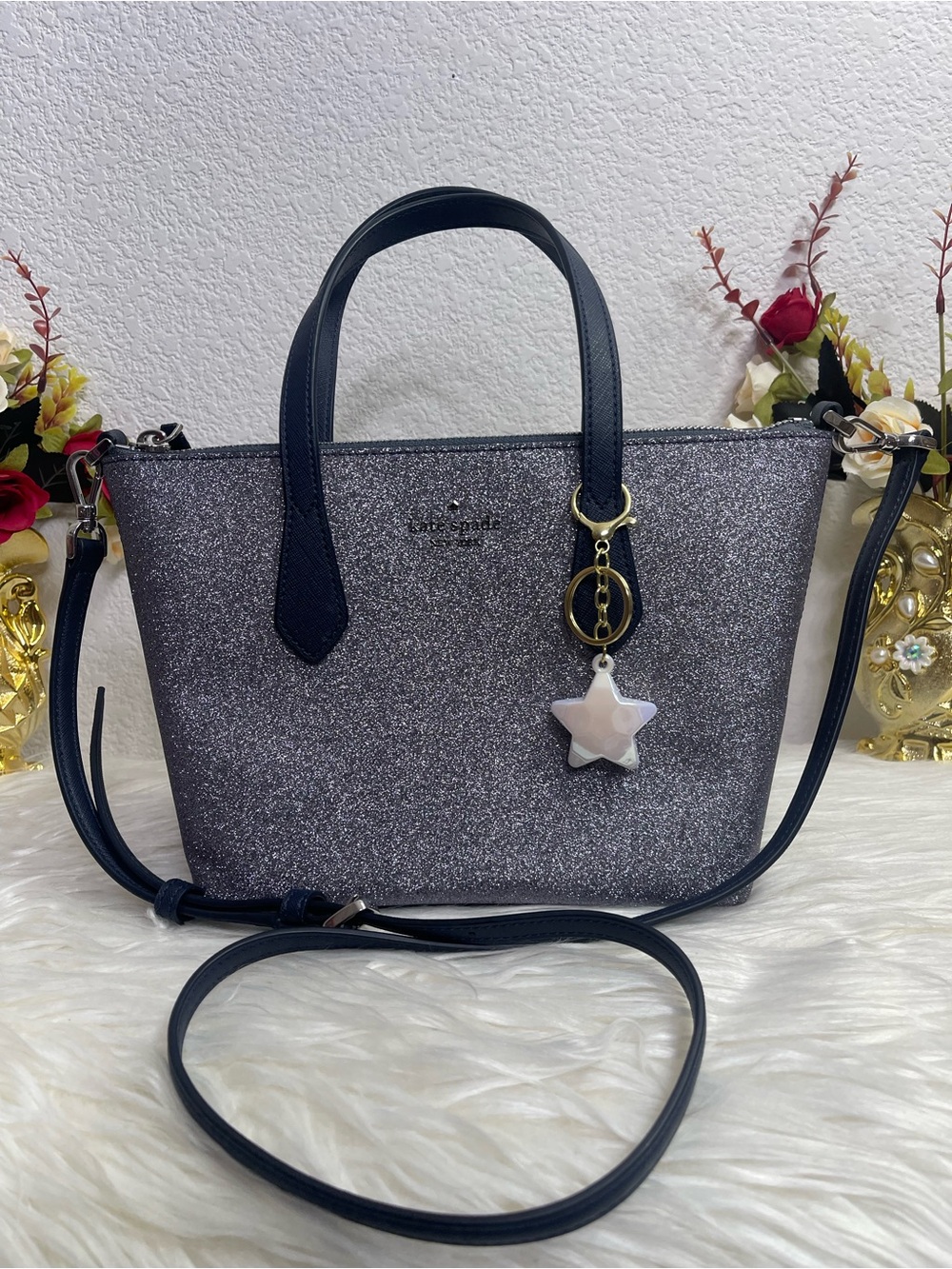 Kate Spade Silver Glitter Shoulder Bag with Unbranded Charm